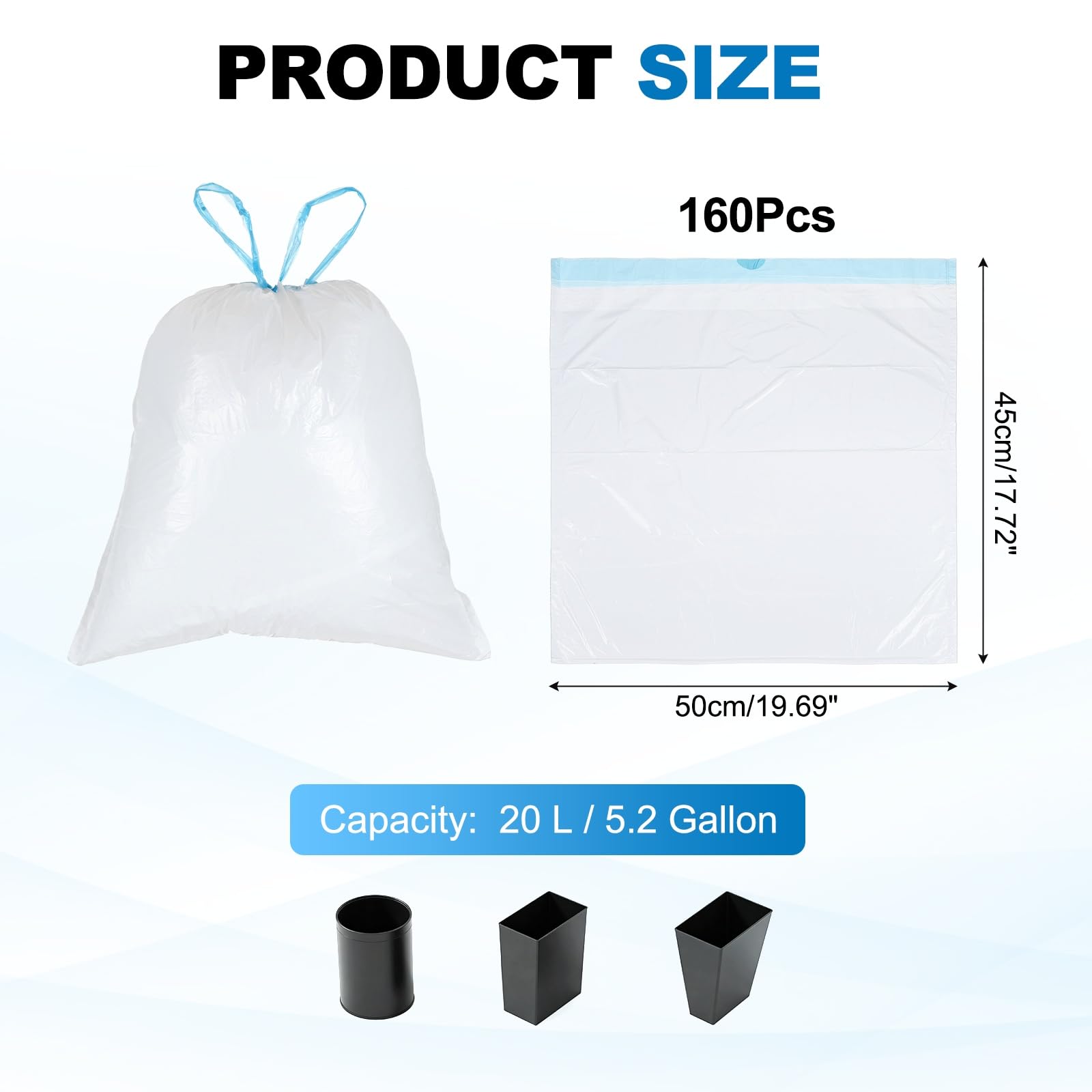 QUARKZMAN 160 Sacchetti Sacchetti per Rifiuti con Laccio 5.2 Galloni 20" | Sacchi per Immondizia, Rivestimenti per Cestini da Bagno, Senza Profumo, Design Anti-Strappo, per Casa Ufficio Cucina