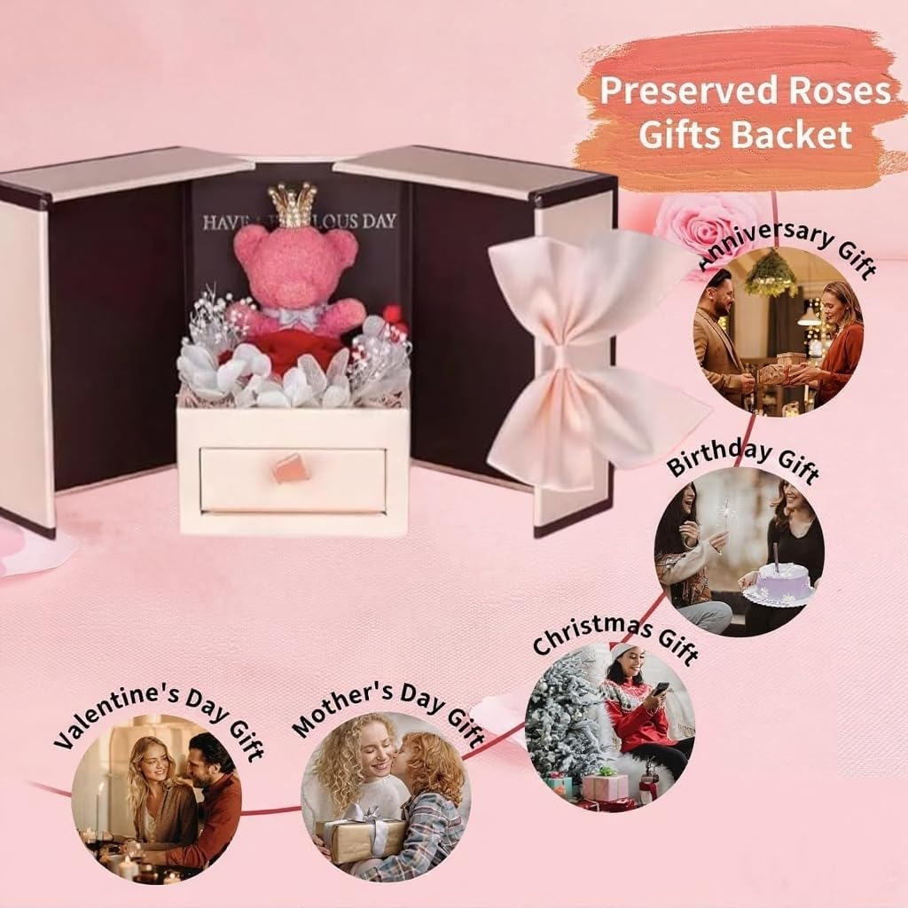 Preserved Red Rose Gift Box with Heart Necklace Eternal Real Rose Dainty Love Pendant Romantic Gift for Women Sister Wife Girlfriend Mother on Anniversary, Mother’s Day,Birthday