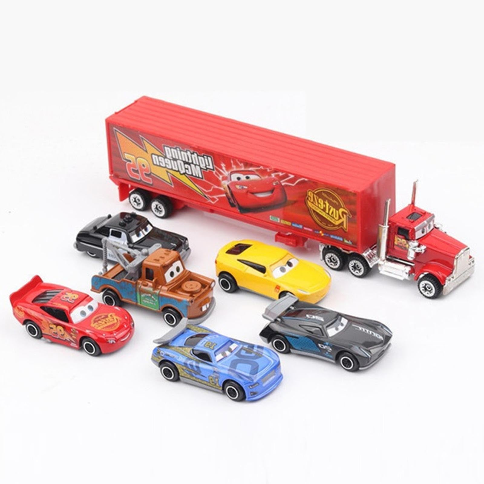 7 Pcs McQueen Car Toy Set - Mack Truck, Jackson Storm & Friends - Kids Playset with Mack Uncle Truck - Durable Metal Model Cars for Boys & Girls, Ideal Gift for Kids