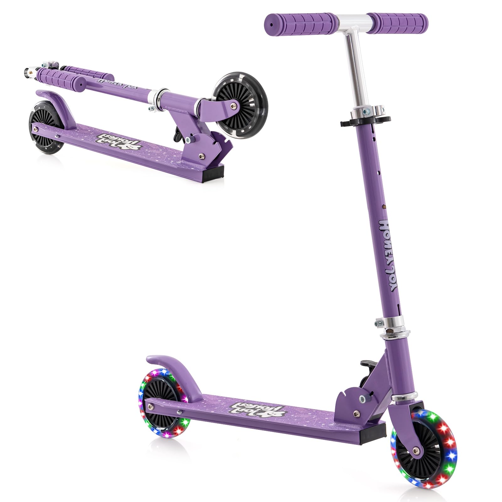 KOMFOTTEU Patinete para Niños, Patinete Infantil con 2 Ruedas LED y Freno, Monopatín Plegable con 3 Alturas Ajustables, Scooter de Aluminio con Carga 50 kg, para Niños