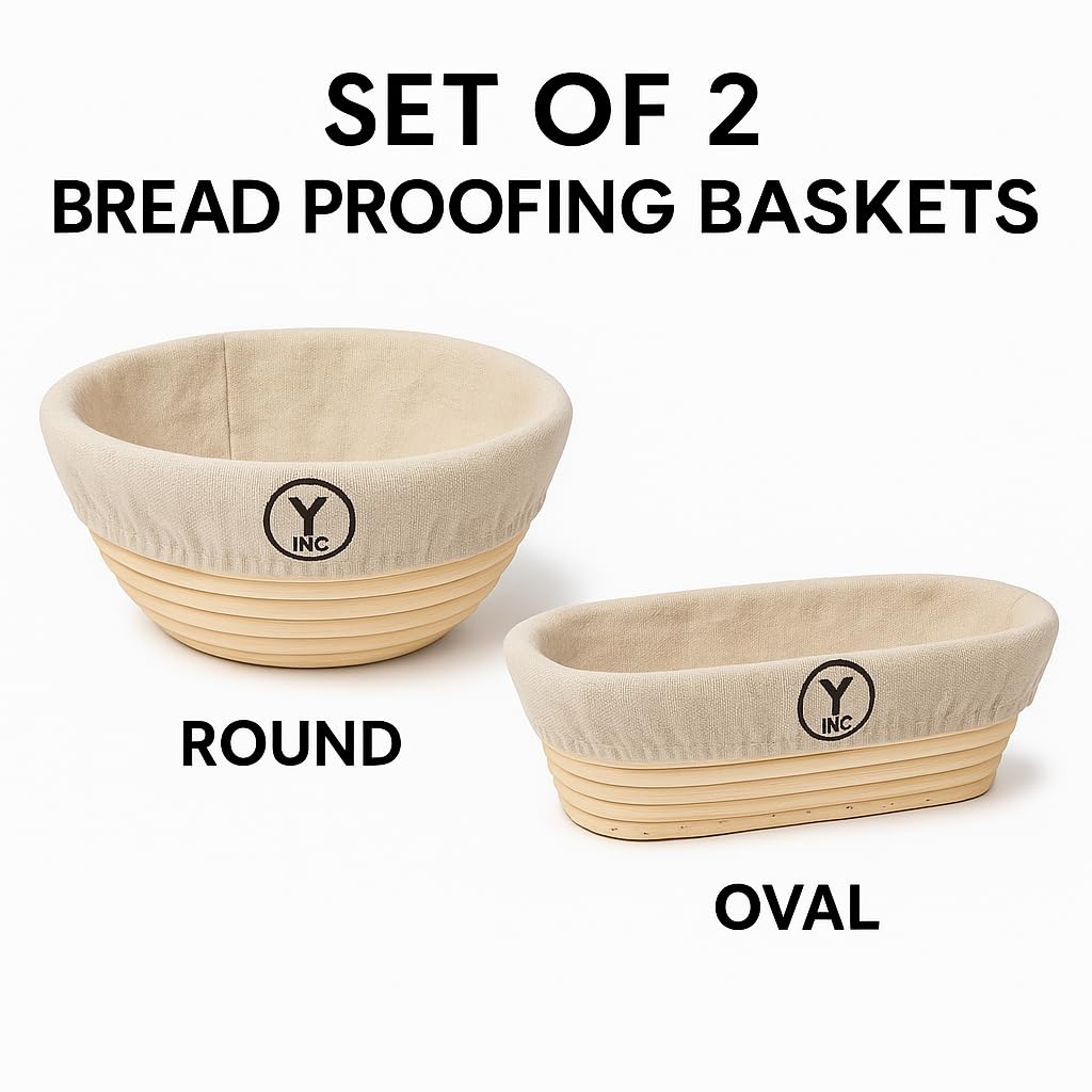 Y Inc. Set di 2 cestini per la lievitazione del pane, cestino ovale e rotondo (25,4 cm), cestini per lievitazione del pane, kit per la preparazione del pane.