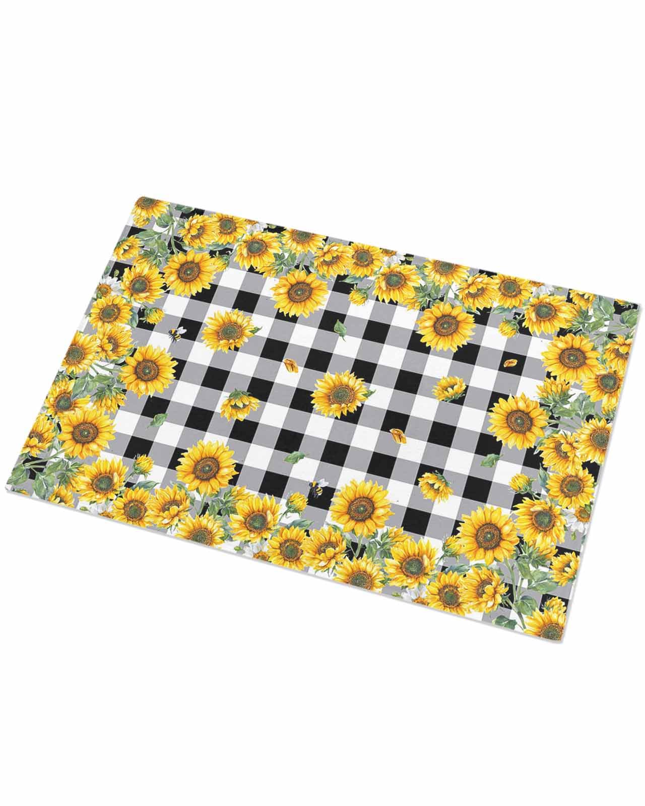 Indoor Doormat Watercolor Sunflowers Floral on Buffalo,Shaggy Floor Mat with Non-Skid Backing Black White Yellow,Machine Washable Plush Area Rug Carpets for Kitchen Nursery Bedroom