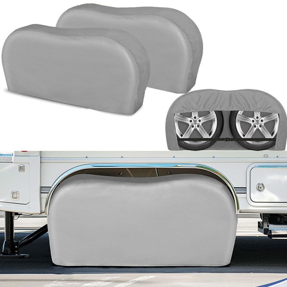 FUBESK Fundas de neumáticos de doble eje resistentes, paquete de 2, protectores de rueda de tela Oxford con resistencia a los rayos UV para camión, remolque, SUV, diseño resistente al viento con