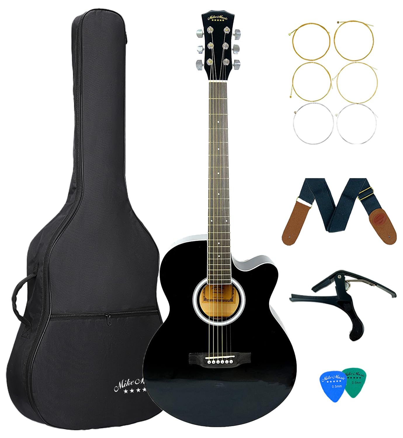 Mike Music 40inch Acoustic Guitar with Bag and Strap and Extra Strings and Capo and Guitar Picks(40 inch glossy, black)