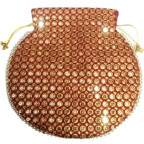 Image of Potli Bag Golden work wedding potli for ladies Gift for women handbags traditional Indian Wristlet with Drawstring Ethnic Embroidery Fashion Potli.