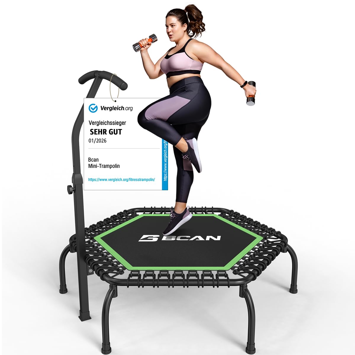 BCAN Fitness Trampolin Indoor Ø 122/130 cm, Trampolin Erwachsene bis 250 kg, Bodentrampolin mit verstellbarem T-Griff & 42 Gummiseilen, Leise & vibrationsarm