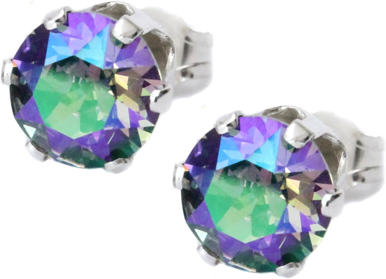 Black MoonSterling Silver Purple, Green Shimmer Crystal Stud Earrings