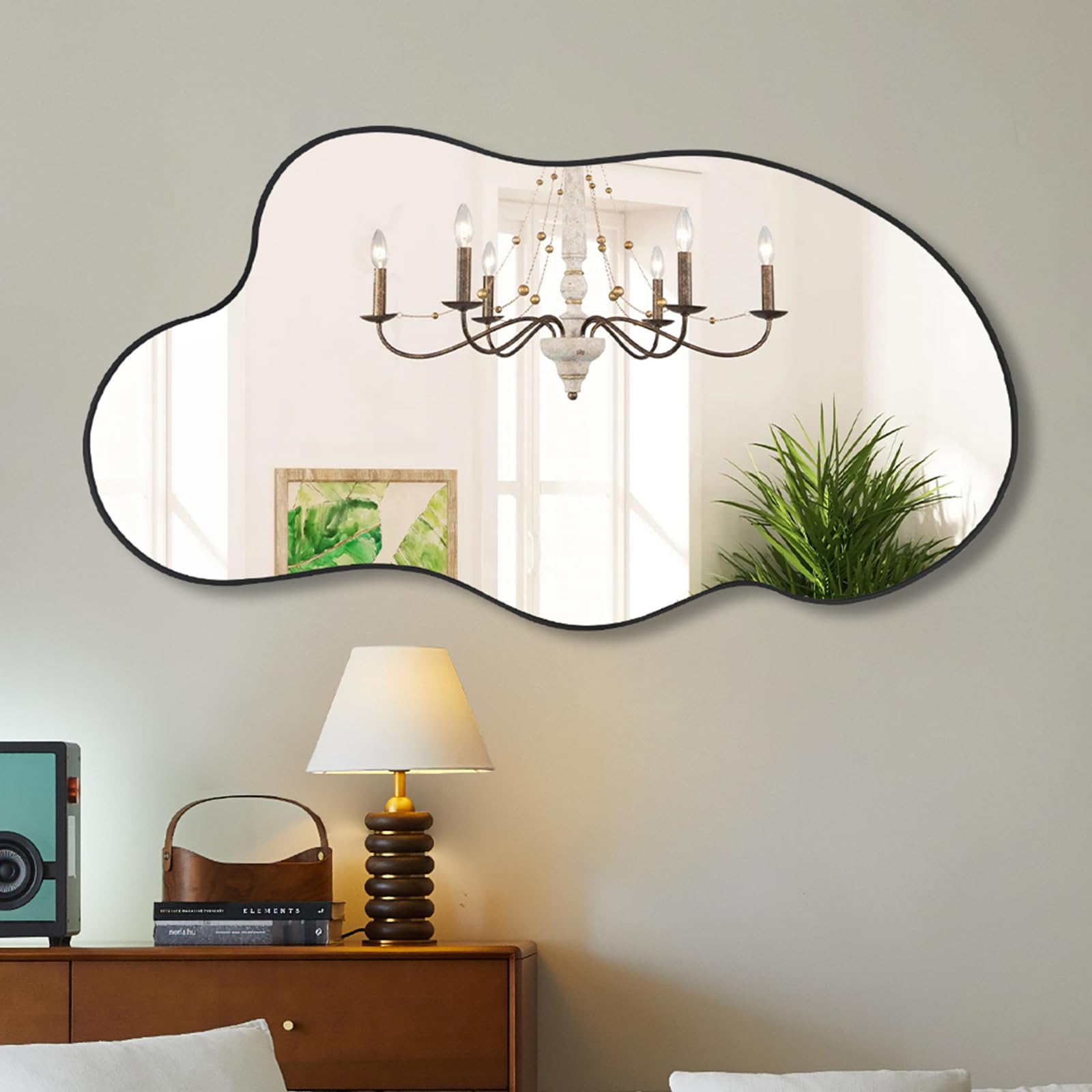 POZINO Irregular Wall Mirrors, Unique Asymmetrical Mirror, Modern Organic Mirror, Cloud Shaped Mirror for Living Room Bathroom Bedroom Entryway Fireplace, 35.4"x18.8"