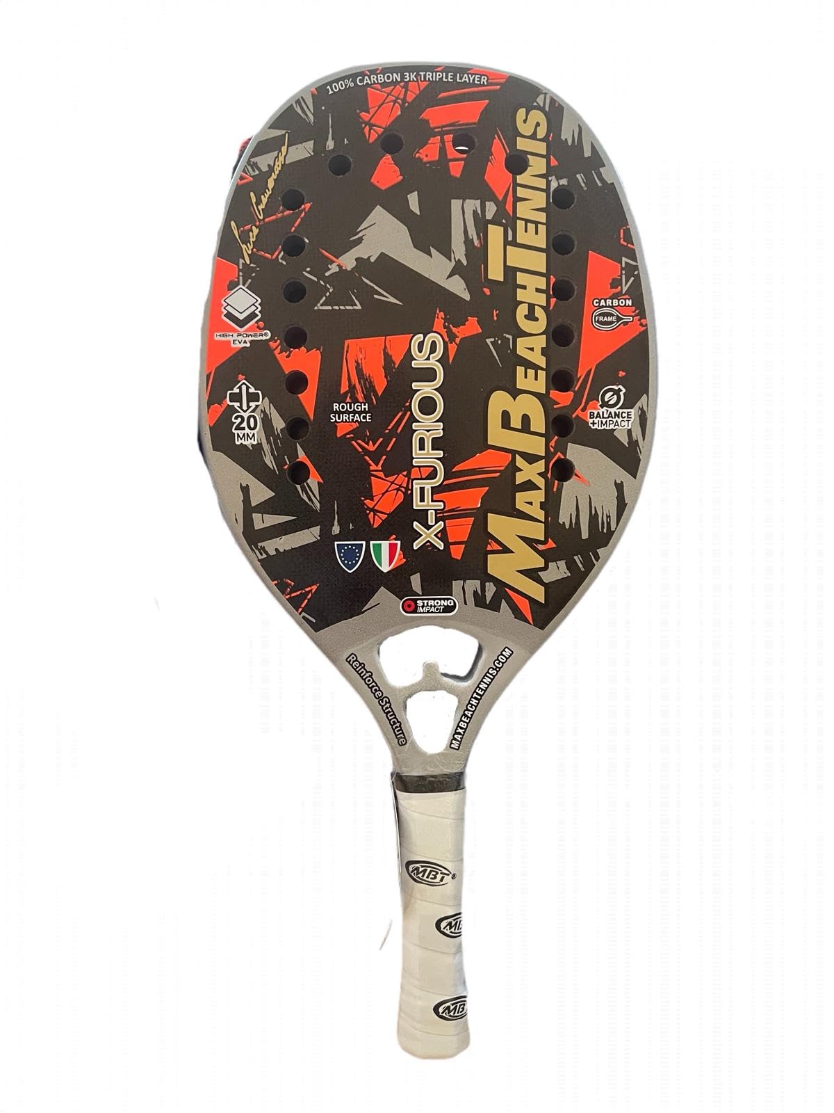 MBT X-FURIOUS, Racchetta Beach Tennis 100% Carbonio 3K - Superficie Ruvida - Eva High Power – Leggera e Bilanciata – Profilo 20 mm - Custodia inclusa - firmata Luca Cramarossa