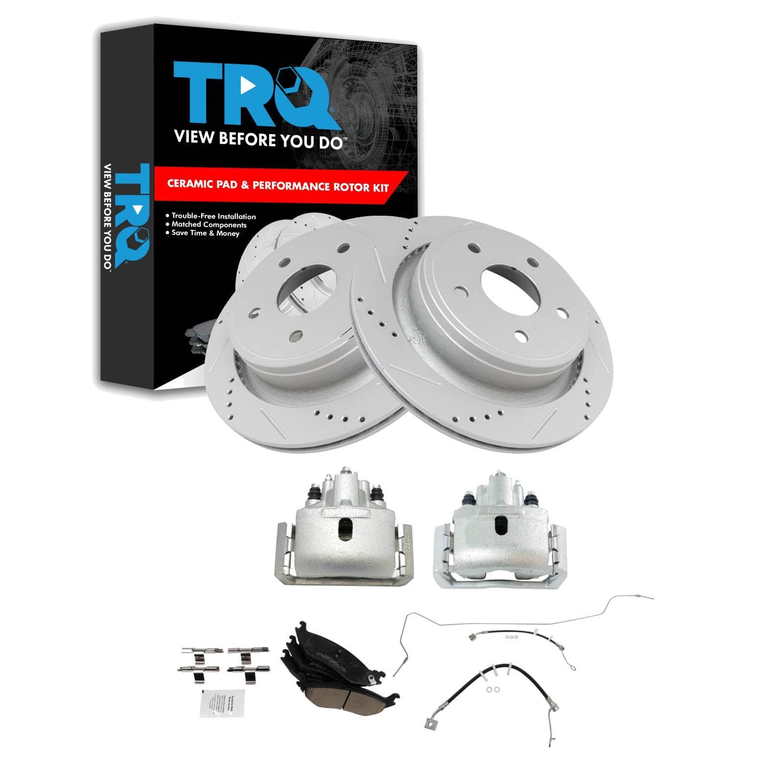 TRQ Brake Pad &amp; Rotor Kit Premium G-Coated Slotted X Drilled Performance