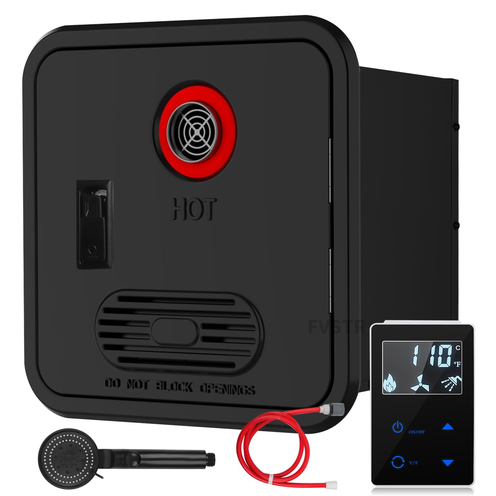 Chauffe - eau sans réservoir RV, douche instantanée, DC 12V, performance optimale en hauteur, multi - usages avec porte et télécommande, idéal pour une utilisation quotidienne en camping - car (Noir)