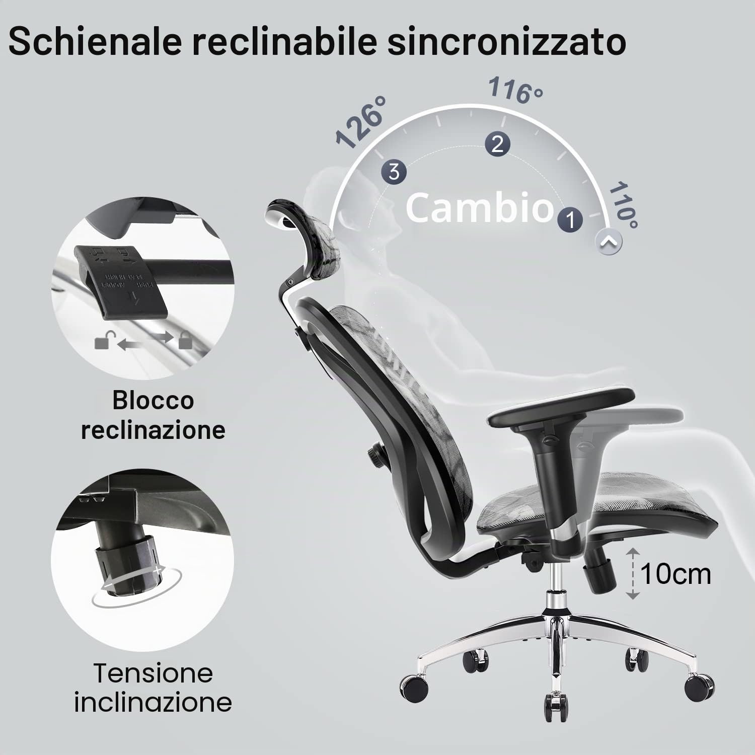 SIHOO M57 Sedia ergonomica da ufficio,design completamente traspirante,per computer,schienale alto,regolabile 3D,con braccioli e supporto lombare(Grigio)