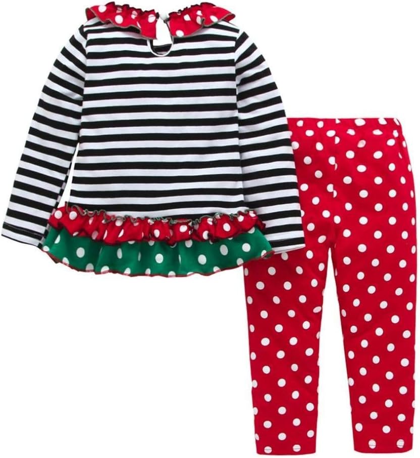 Noubeau Christmas Outfit Toddler Infant Baby Girls Ruffle Top Clothes Set Deer Print Shirt Dress Pants Set - Image 2