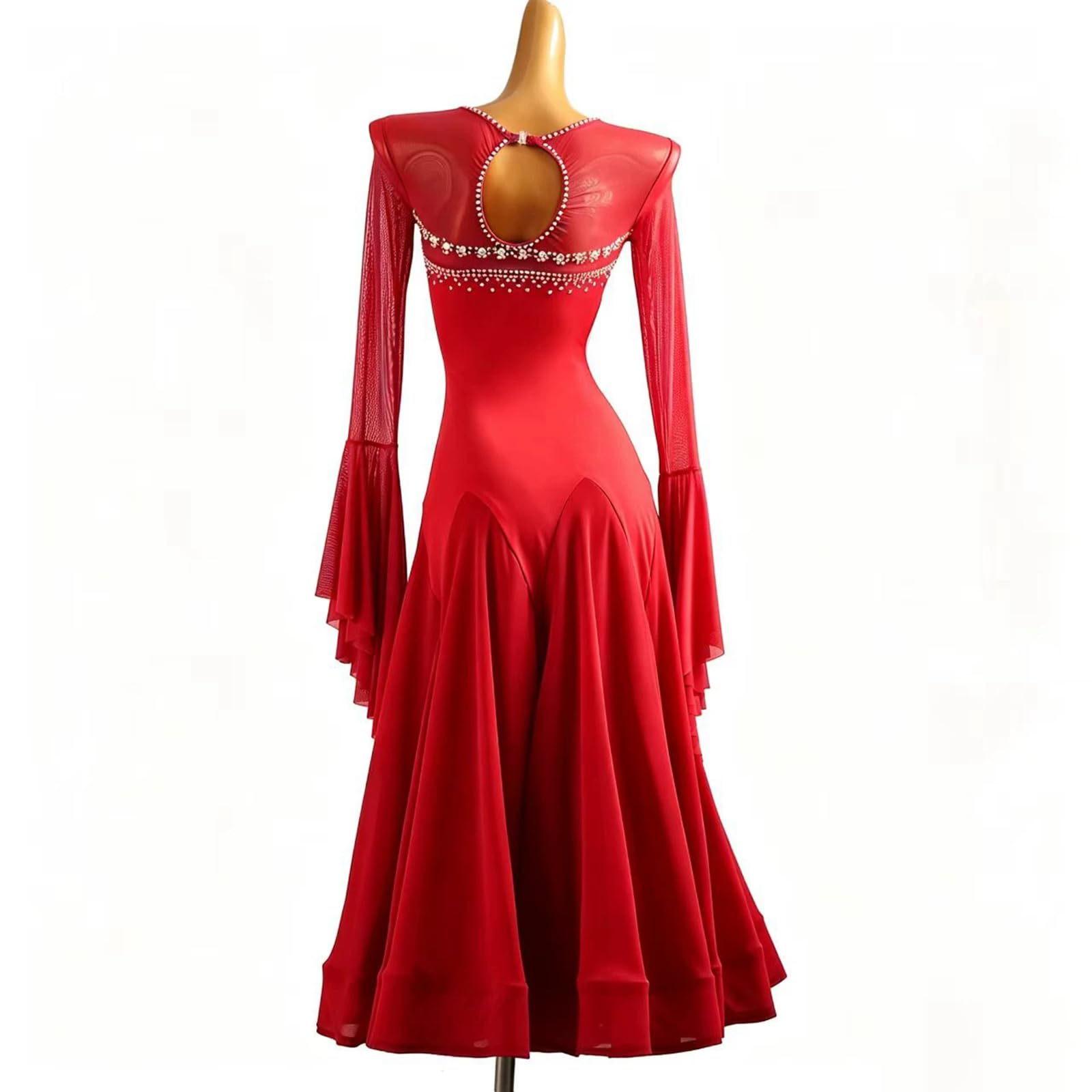 purpleq Rotes Turniertanzkleid mit Strasssteinen V-Ausschnitt Langarm Mesh Walzer Tango Foxtrott Standard Großer Pendel Tanzrock Walzerkleid