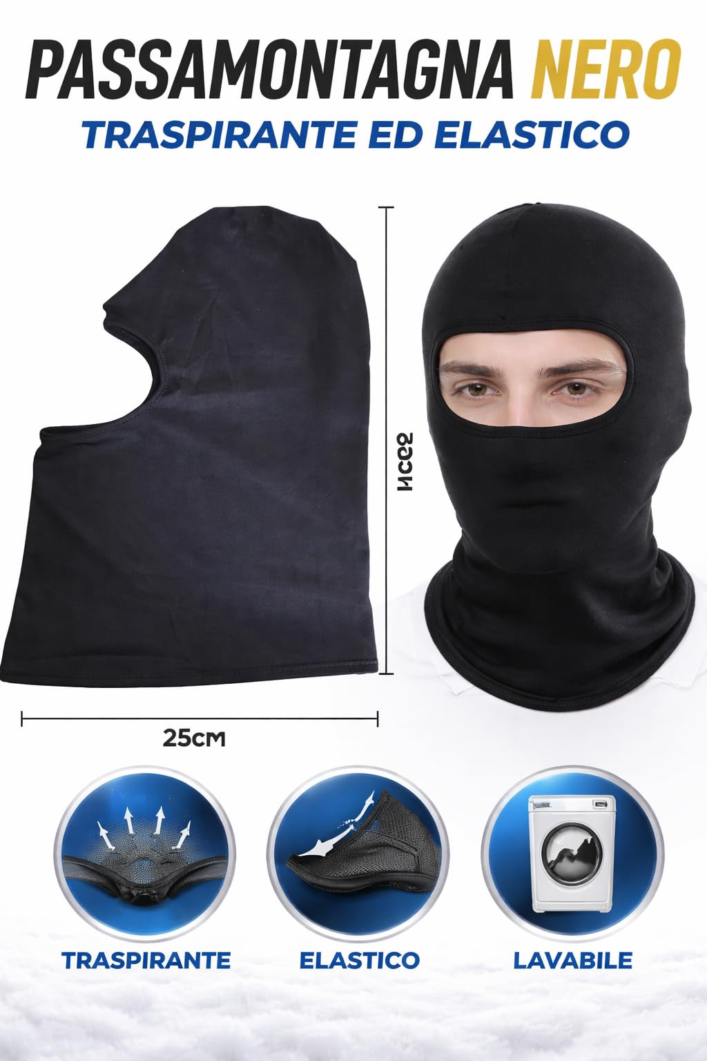 PAIF® Passamontagna Nero Unisex – Balaclava Elasticizzata 92% Poliestere 8% Spandex – Sottocasco Traspirante per Moto, Sci, Kart, Ciclismo – Protezione Vento e Comfort sotto Casco - 3