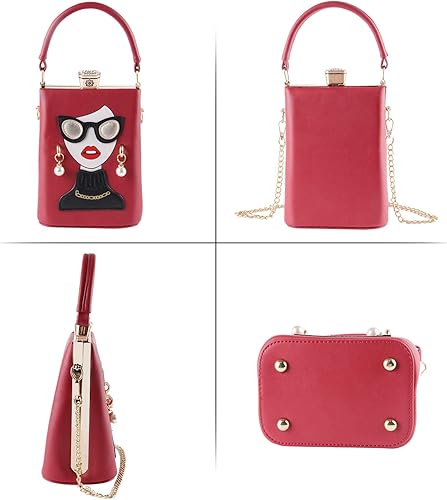 Miniatura 4 de Kuang Women 3D Lady Face Tote Shoulder Bags Funky PU Leather Satchel Handbags Chain Clutch Purse with Pearl Earrings Acrílico Negro, Rojo acrílico,