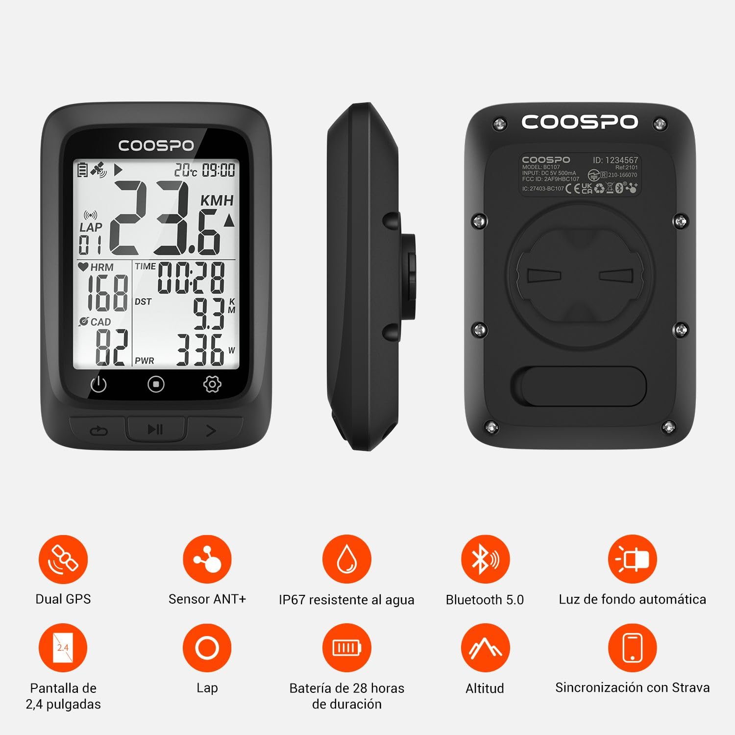 COOSPO BC107 GPS Computadora de Bicicleta Ant+/ BLE5.0, Ciclocomputador Bici Inalambrico IP67 Impermeable de 2,4" Retroiluminada Autonomía Pantalla