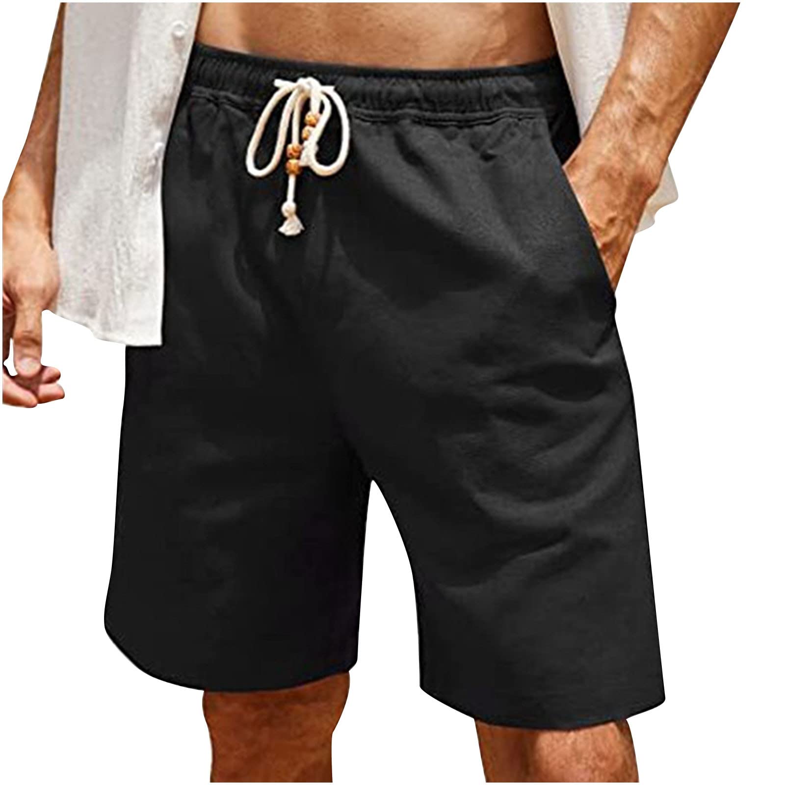 Guhmomh Shorts Herren Sommer Baumwolle Kurze Hosen Leinenhose Kurz Freizeithose Sporthose Bermuda Sommerhose Leicht Atmungsaktiv Jogginghose Leinen Strand Freizeit Laufhose Baggy Wanderhose Schwarz M