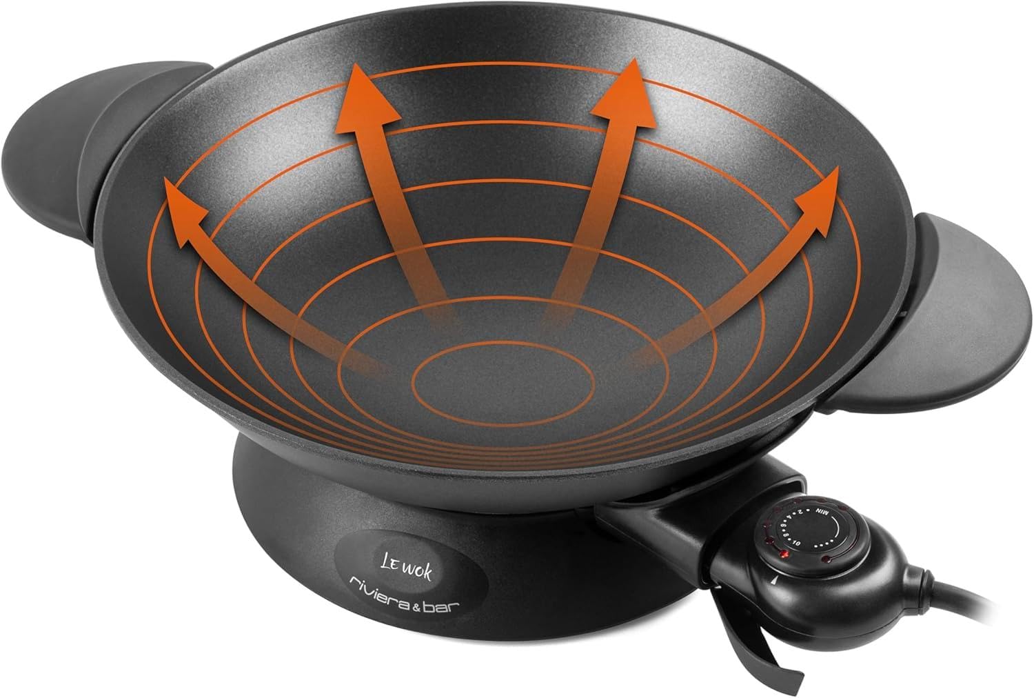 riviera&bar Wok Électrique Expert 5L - 2200W, Cuve en Fonte d'Aluminium, Couvercle en Verre, Thermostat Réglable 10 Positions - Idéal pour 8 Personnes - Accessoires Inclus - Nettoyage Facile