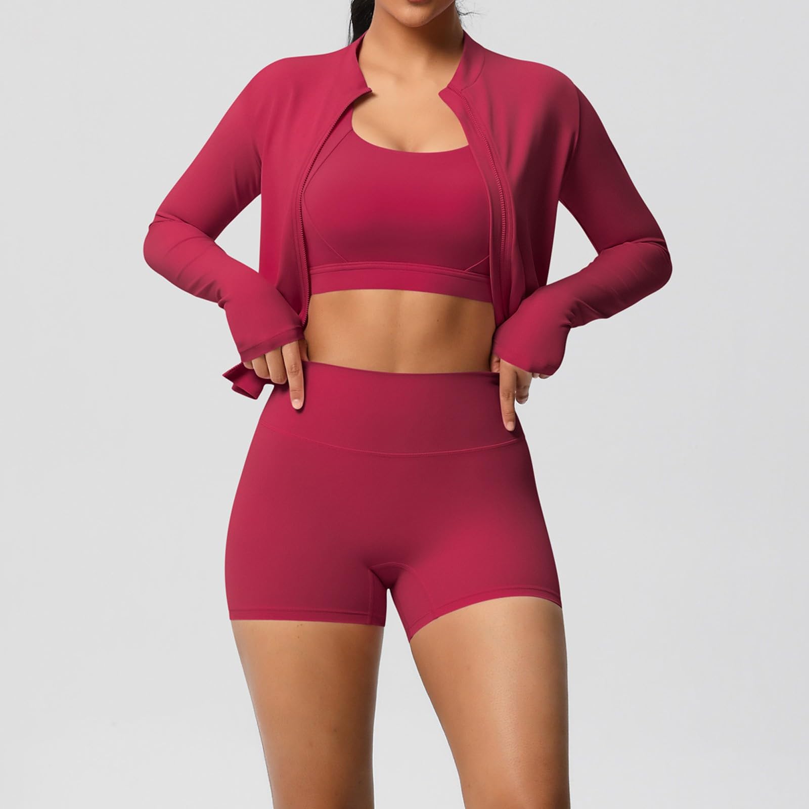 Set Yoga Tre Pezzi Top Spazzolato Giacca Sport Abbigliamento Corsa Fitness Casual