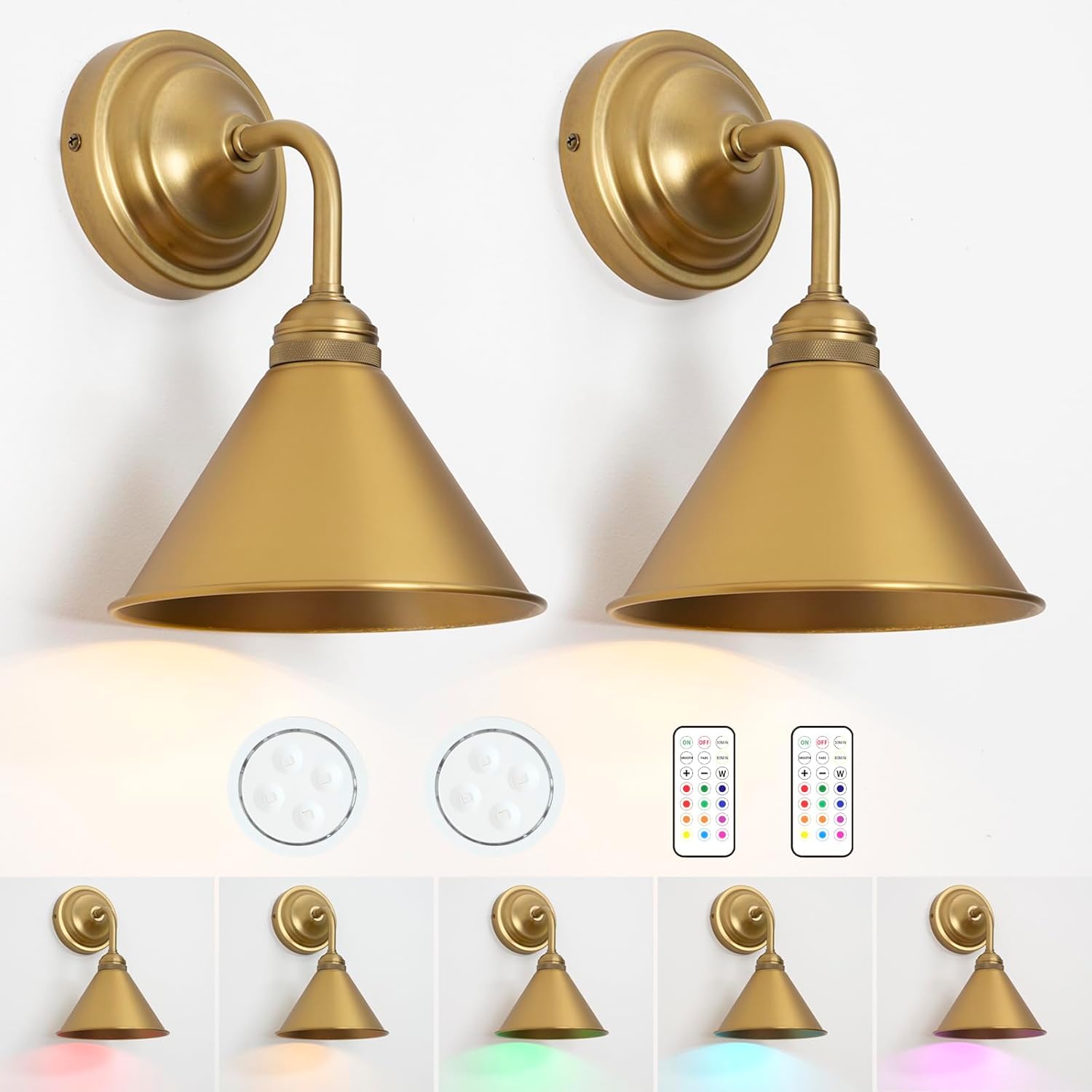 HEQIQEH Modern Battery Operated Wall Sconces Set of 2 with Metal Lamp Shade, 13 RGB Color Changing Dimmable Battery Wall Mounted Lamp with Remote Control for Bedroom, Galleries, Hallway, Hotels Antique