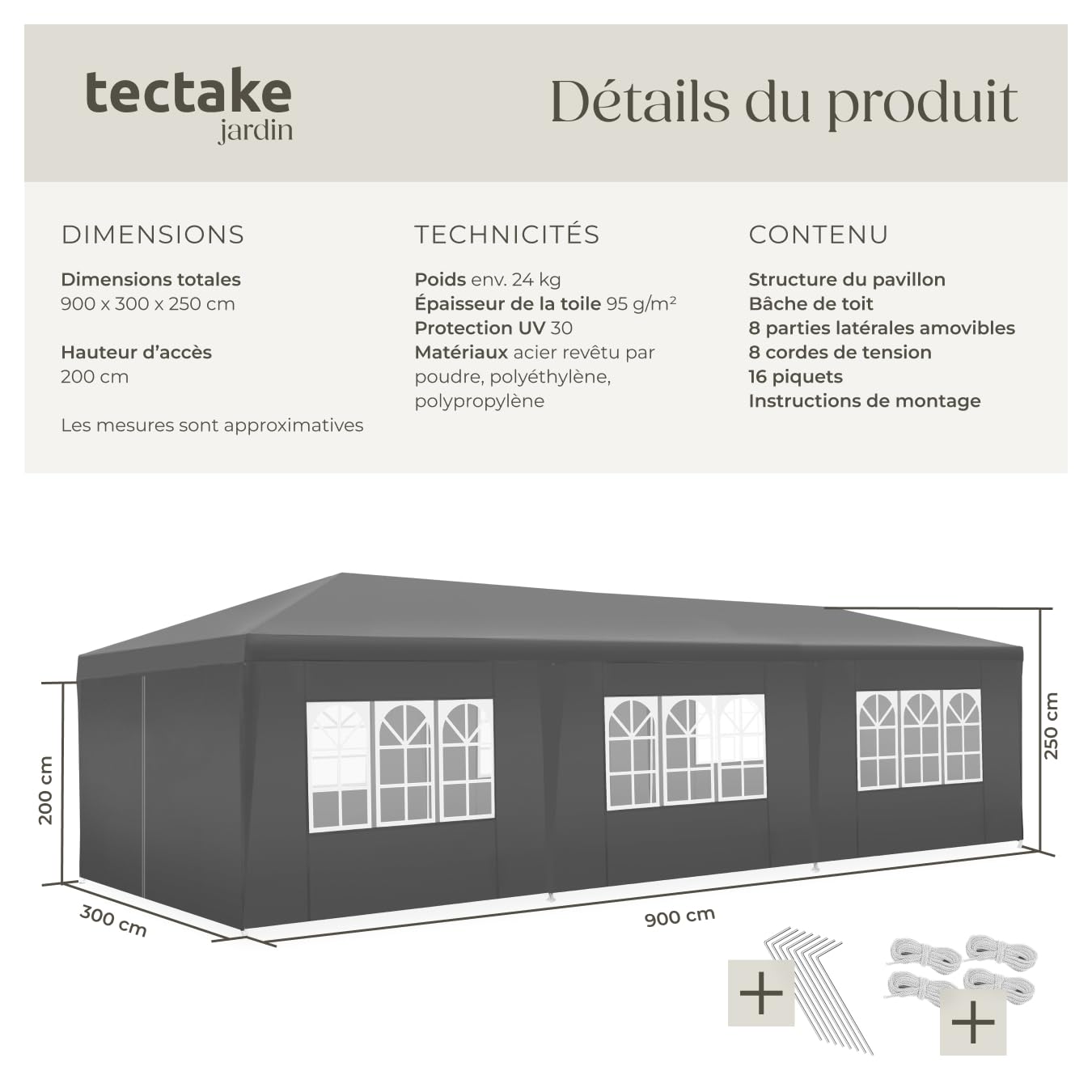 tectake® Tonnelle de Jardin Exterieur Tente de Reception 9x3m Protection UV 30+, Barnum Chapiteau Gazebo Pavillon de Jardin, résistant à l'eau avec Parois Amovibles, Cadre Robuste en Acier époxy