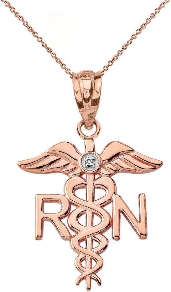 10k Rose Gold Solitaire Diamond Caduceus RN Charm Registered Nurse Necklace