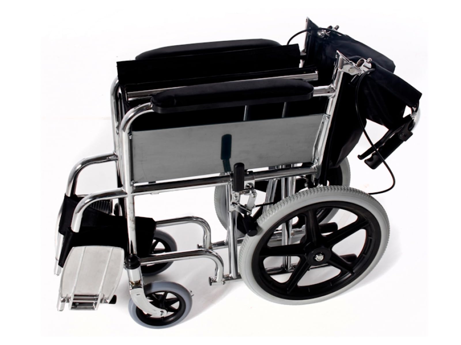 QUIRUMED Silla de ruedas plegable de acero cromado para transporte, traslado, Ligera, Frenos de maneta y frenos de mano, Respaldo abatible, Fácil plegado, Para mayores, Para minusválidos