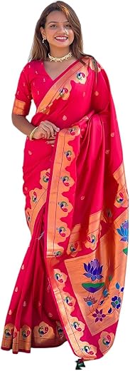 Elite Weaves Original Maharashtrian Lotus Paithani Silk Zari Woven Saree with Blouse Piece