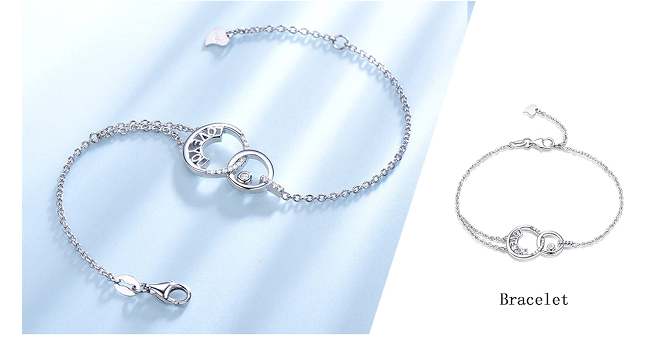 Conjuntos de joyas de boda para mujer, plata de ley, juego de joyas de plata, conjunto de joyería simple Love You pulsera, anillo, aretes y collar, conjuntos de joyería nupcial, 40+5 CM, Circonita