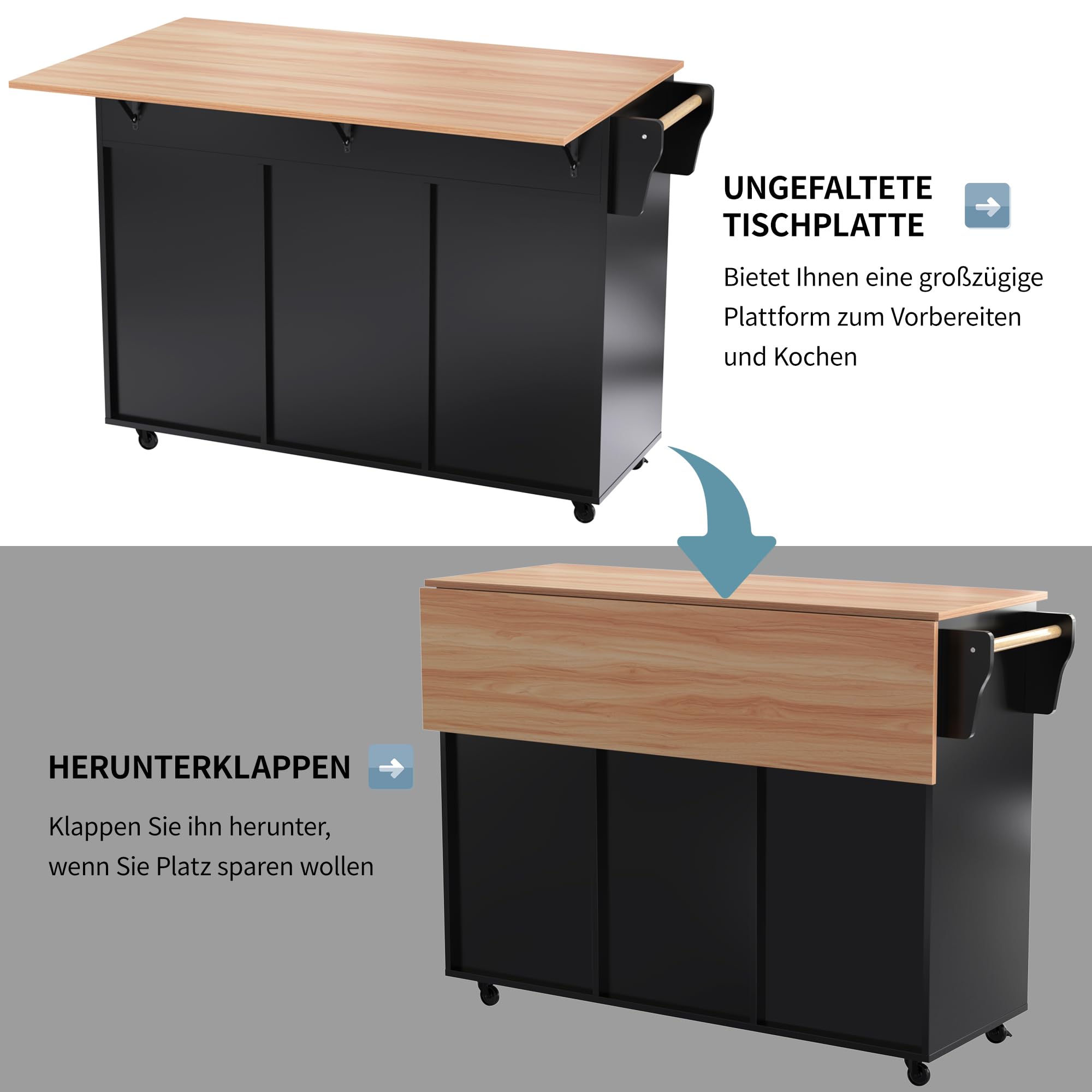 DRIXNO Kücheninsel Freistehend mit Klappbarer Arbeitsplatte Küchenschrank Küchenwagen auf 5 Rollen, mit Ablage und 2 Schubladen, Schwarz Für Esszimmer 129 * 71 * 91.5cm