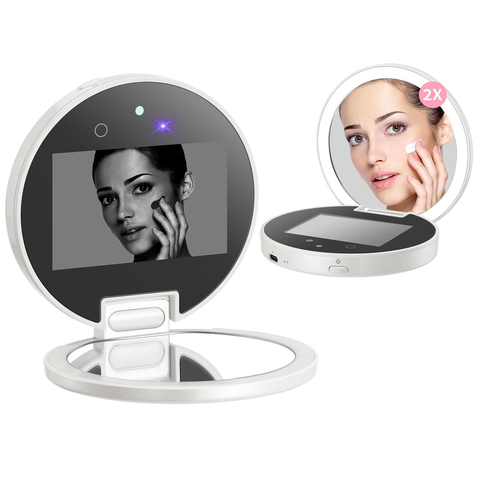 Espejo compacto inteligente UV para prueba de protección solar, espejo de maquillaje de viaje de 3 pulgadas con luces y aumento, espejo de bolsillo recargable de doble cara para protección de la piel