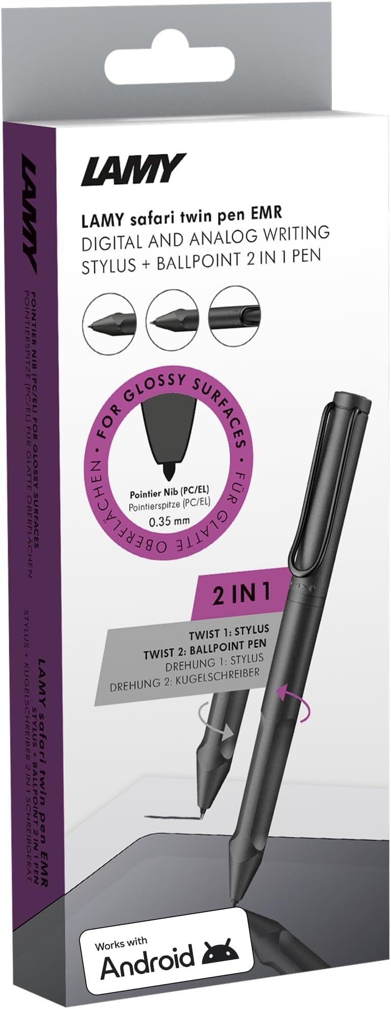 safari twin pen EMR all black (PC/EL tip) - 2-in-1 stylus pen for many Android devices & ballpoint pen in one - with ergonomic grip - writing & drawing on digital media & paper