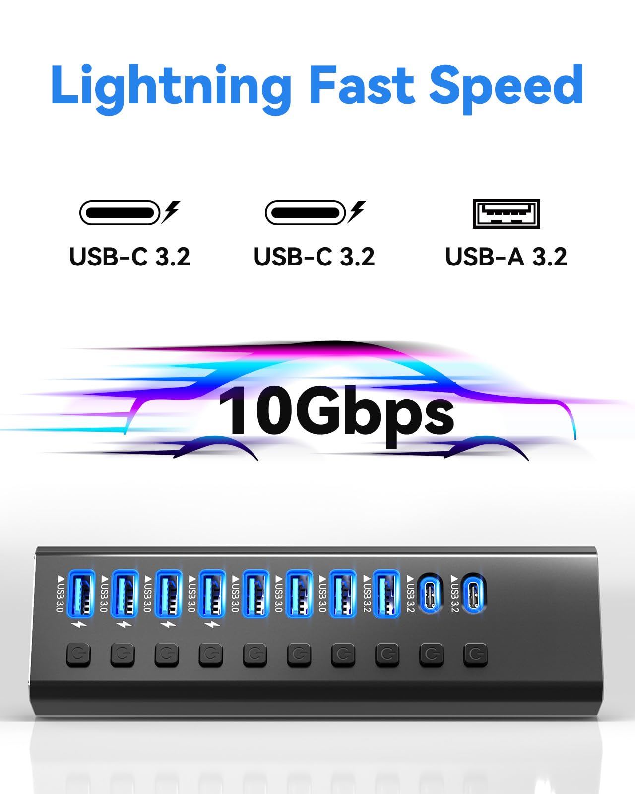 Hub USB 3.2 alimentato a 10 porte 3.2/USB-C Hub (10 Gbps A 3.2 + 2 C + 7 3.0 porte) con singoli interruttori on/off e adattatore di alimentazione da 12 V, in alluminio con messa a terra