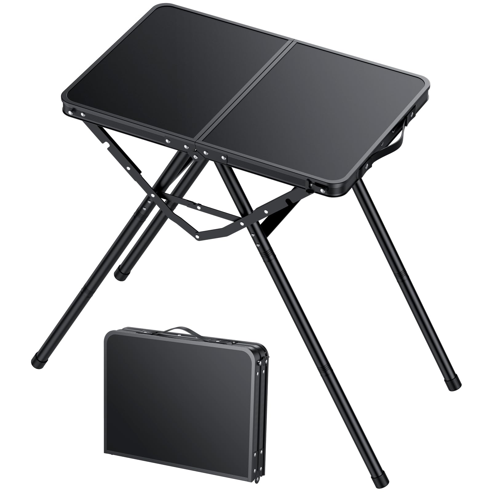 JiGiU Mesa de Caming Plegable Mesa Pinic Portátil 60x40x24.5/47.7/71cm Aleación de Aluminio con Asa de Transporte para Exteriores Interior Senderismo Barbacoa Playa (Negro, 80KG Carga)