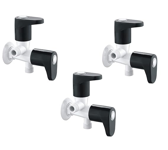 SanituF 2 Way Angle Valve PTMT Faucet | PTMT GX-2010 Galaxy Series Plastic 2 Way Angle Valve Cock for Bathroom, Toilet & Wash Basin with Wall Flange | (Black-White) | (Pack of 3)