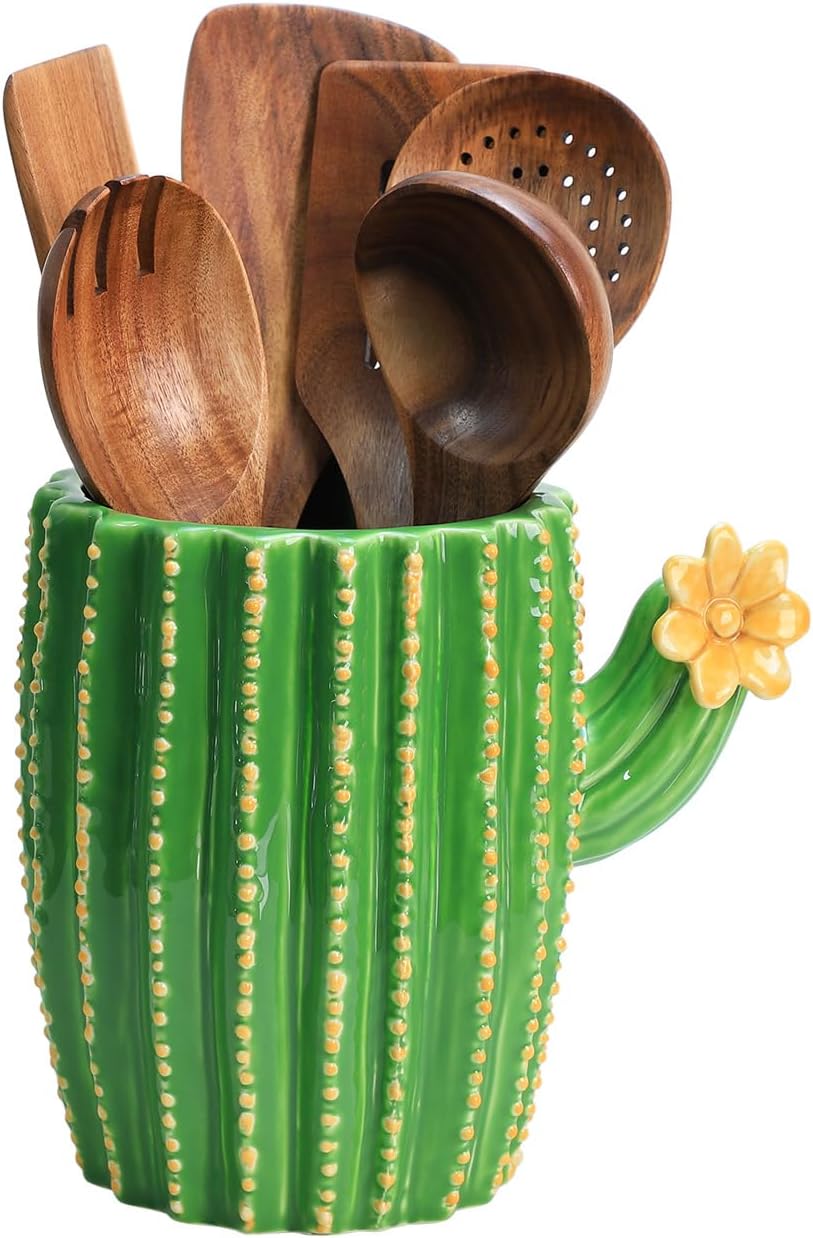 Cactus Shaped Ceramic Kitchen Utensil Holder, Large Cooking Utensil Crocks for Kitchen Countertop, Ceramic Utensil Organizer, Yellow Flower