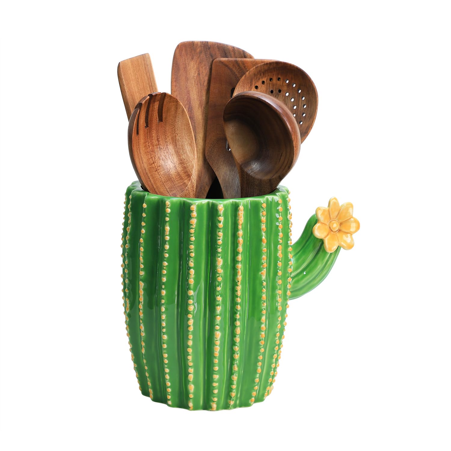 Bicuzat Cactus Shaped Ceramic Kitchen Utensil Holder, Large Cooking Utensil Crocks for Kitchen Countertop, Ceramic Utensil Organizer for Spatula, Kitchen, Home Decoration-Yellow Flower