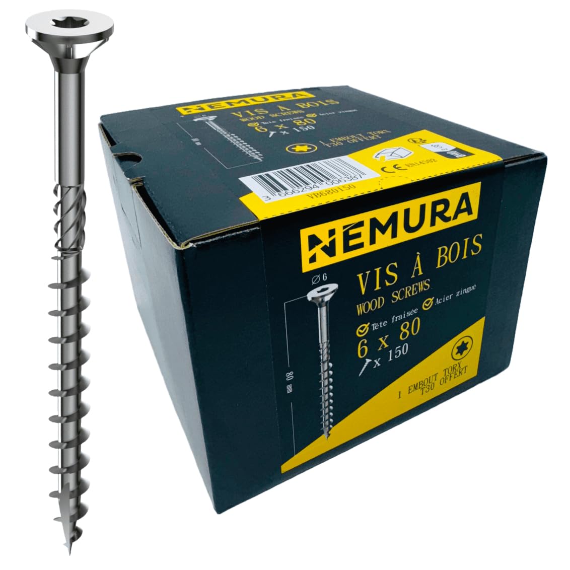Nemura Lot de 150 Vis à Bois 6 x 80 mm - Acier Zingué à Tête Fraisée - vis à bois Torx - Visses Spéciales pour Bois et Aggloméré- Haute Qualité Durable - Marque Francaise.