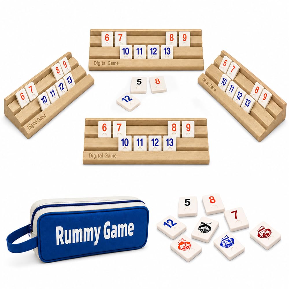 Rummy zestaw stołowy z 1 torbą do przechowywania, 4 wspornikami i 112 żetonami