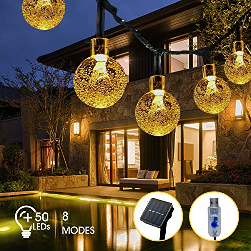 Solar Lichterkette Außen, FOCHEA 8M 50er LED Aussen Solar Lichterkette Kristall Kugeln 8 Modi IP65 Wasserdicht Solarbetriebene Lichterkette Außenlichterkette Garten Lichterkette Beleuchtung für Partys