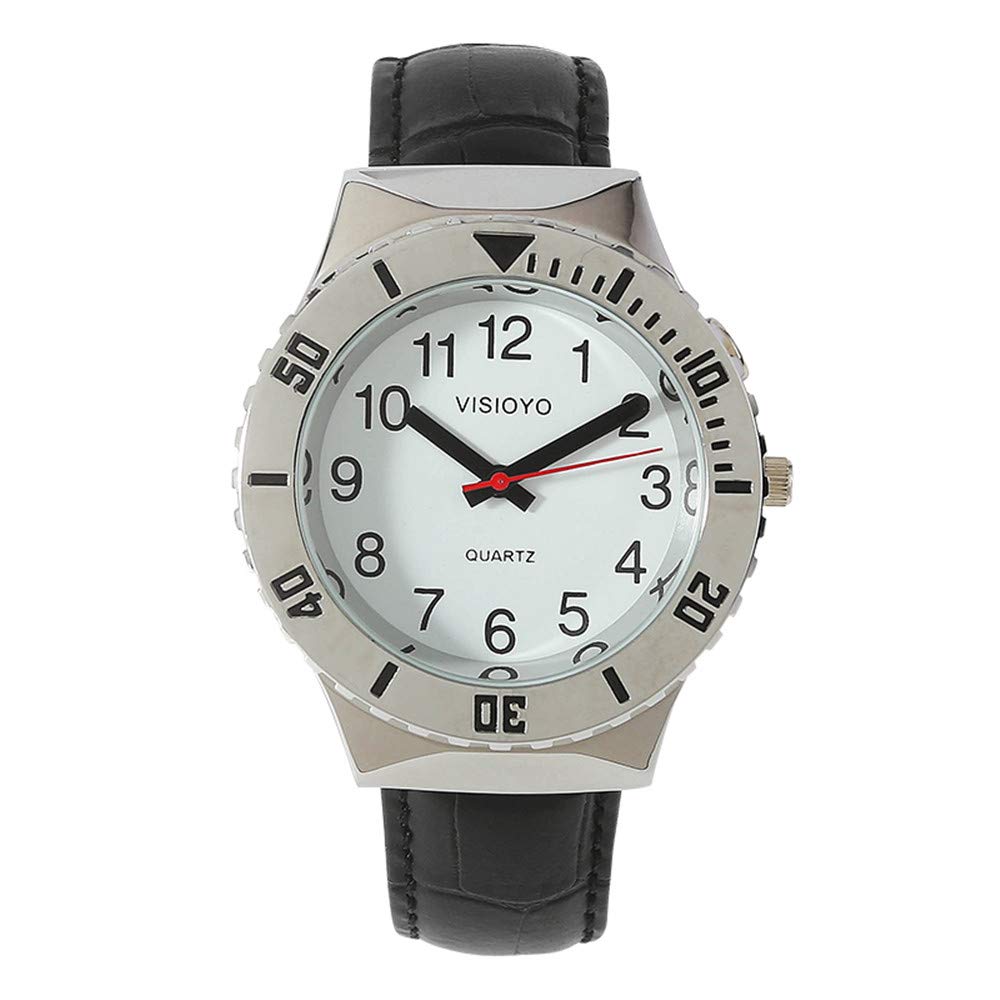 Reloj parlante analógico con alarma, anuncio de hora y fecha en francés para ciegas y personas con discapacidad visual, correa de piel negra TFBW-1601F, Clásico