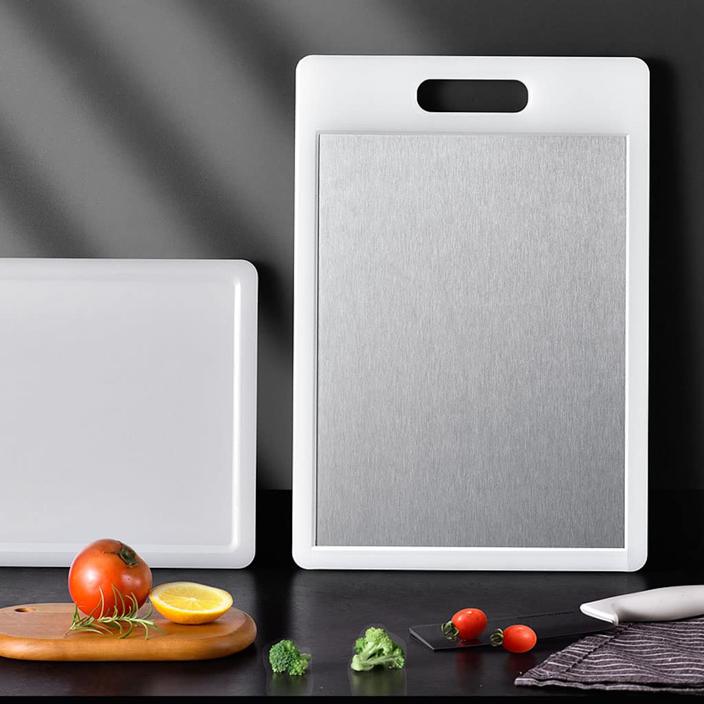 Tabla De Cortar Profesional De Doble Cara De Acero Inoxidable Y Plástico 2 En 1 con Mango para Cocina, Tabla De Cortar Carne L