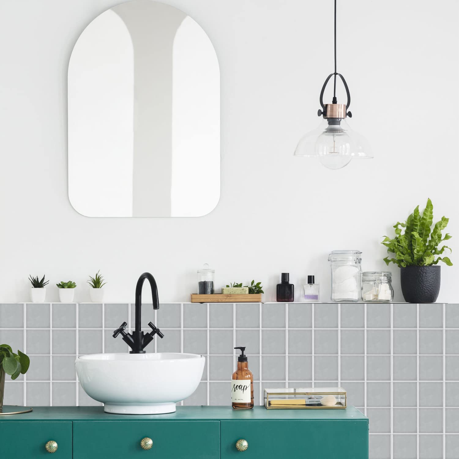 Alwayspon 25PcsX15cm/6inch Grey Mosaic Effect Thick Tile Sticker, Vinyl Peel and Stick Self-Adhesive Splashback Waterproof Stick on Tile Transfer Sticker for Kitchen Bathroom Wall