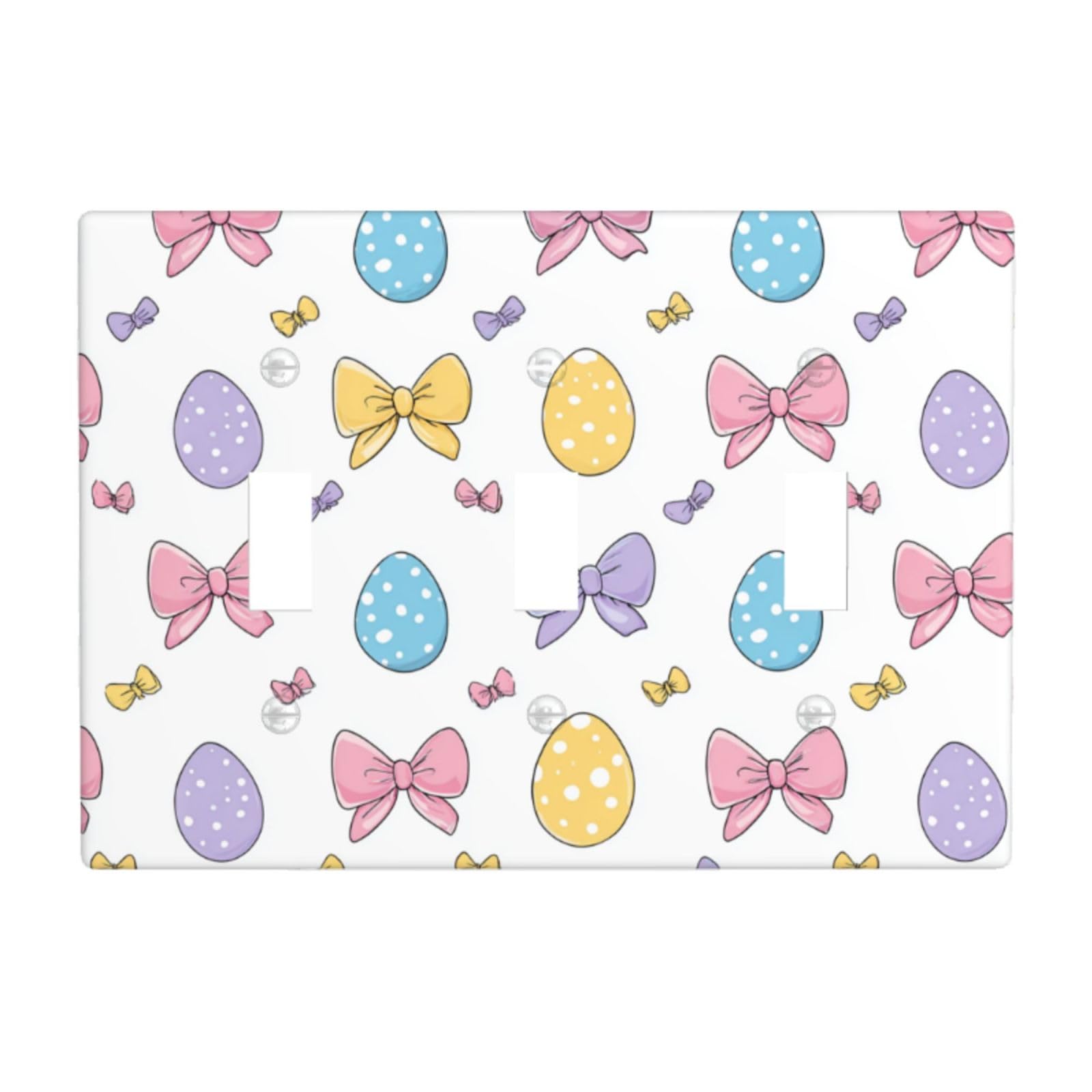 Cute Easter Pattern with Bows and Eggs Light Switch Covers 3 Gang Triple Toggle Wall Plate Switchplate Electrical Faceplate for Bathroom Kitchen Bedroom Decor
