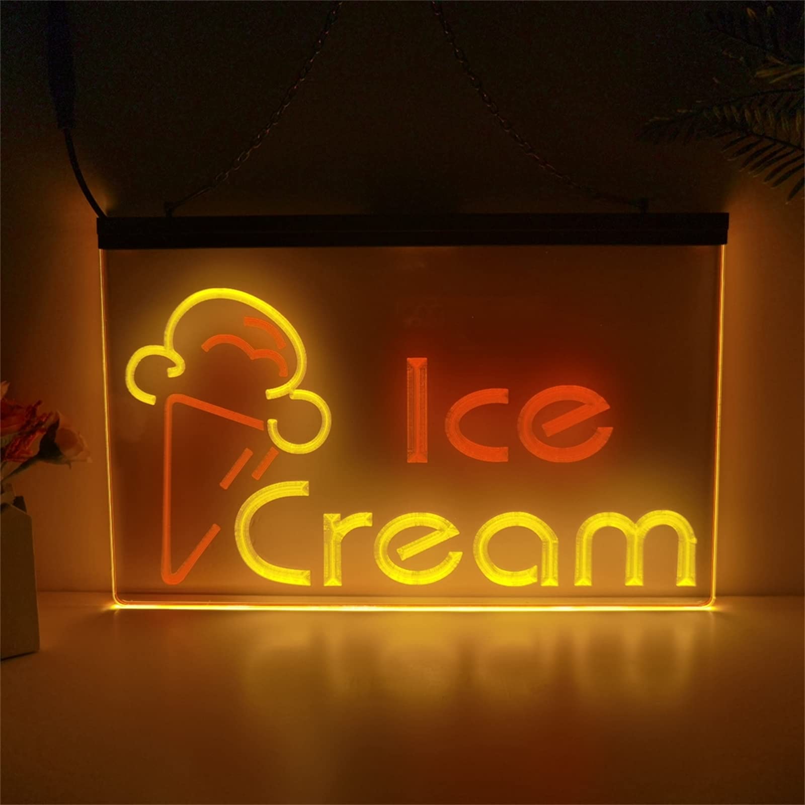 REWIS Ice Cream LED Neon Signs, USB Powerd 3-Level Dimming Neon Lights, for Ice Cream Shop Hanging Signboard,Red Yellow,30x20cm