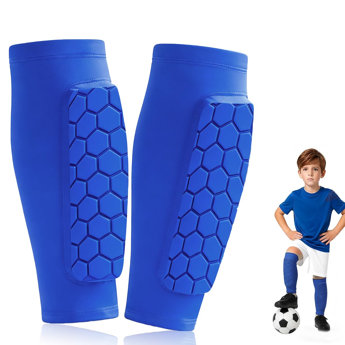 Garegce Football Shin Guards Pads, Defender with Honeycomb Compression Sleeve, Lightweight Shin Guards for Boys, Teenagers, Outdoor Sports Leg Protection with Impact Absorption – 1 Pair-Blue