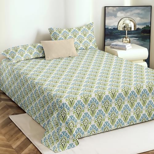 Image of VOMZER King Size (90x100) 300 TC Soft Cotton Feel Microfiber Flat Double Bedsheet with 2 Pillow Covers | Aqua Mint