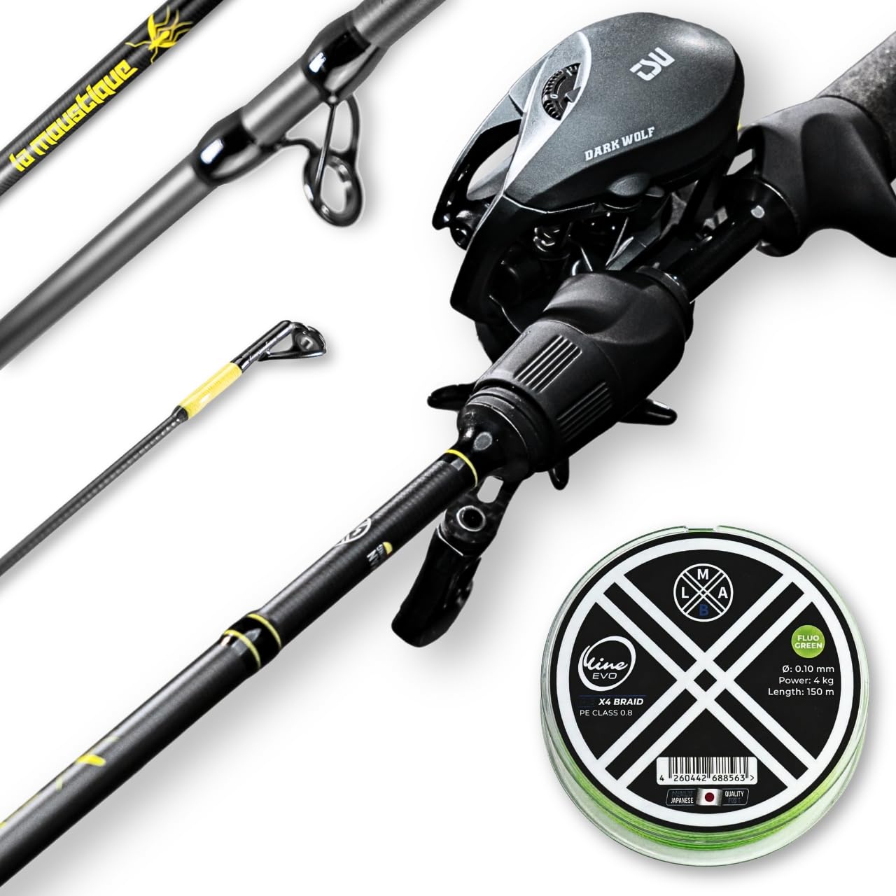LMAB Baitcast Combo Light - La Moustique Baitcaster Rute und Tsurinoya Dark Wolf Ultra KF50S Rolle mit Schnur im Set, für Anfänger bis Profi, Angelrute