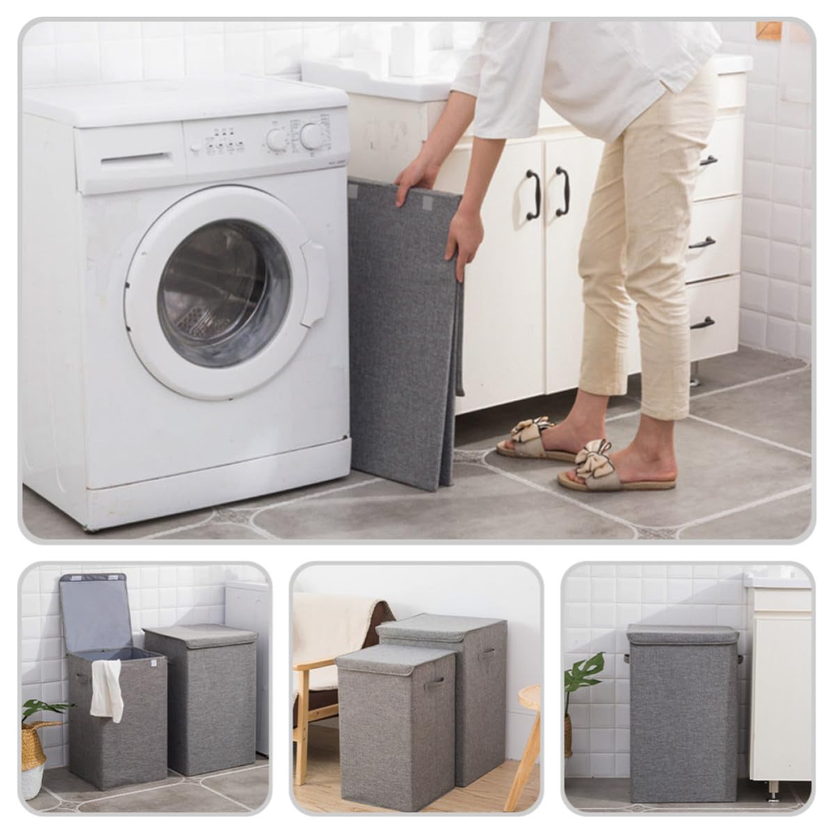 Cesto portabiancheria grande in tessuto con coperchio, versatile e portatile per la casa e spazi angusti